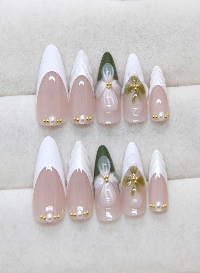 CTTHNBD White French Tip Press on Nails White Medium Almond Fake Nails Green Flower False Nails with 3D Ripple Design Glue on Nails Pearl Full Cover Stick on Nails Ombre Acrylic Nails for Women Manicure 24Pcs - Image 4
